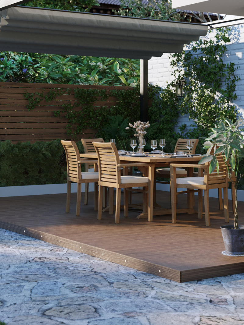 CLEARANCE Teak Garden Furniture Square To Rectangle 120-170cm Extending Table 4cm Top (6 Stacking Chairs) Cushions included.