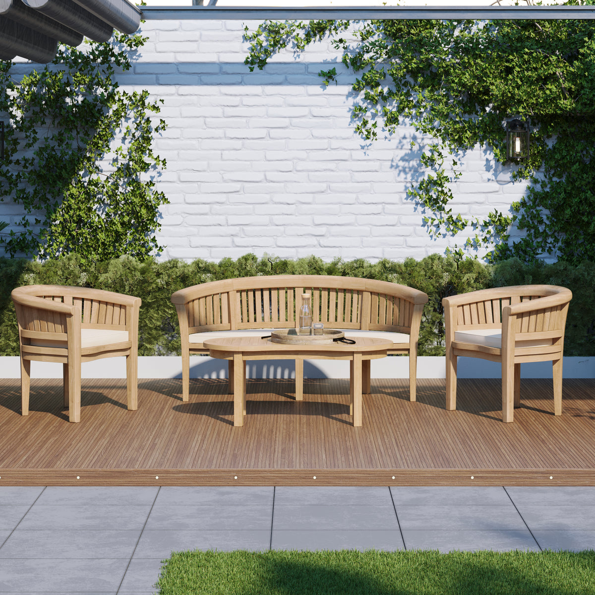 Teak San Francisco Bench Set (1 x Bench, 2 x Chair, 1 x Coffee Table) Free Cushions