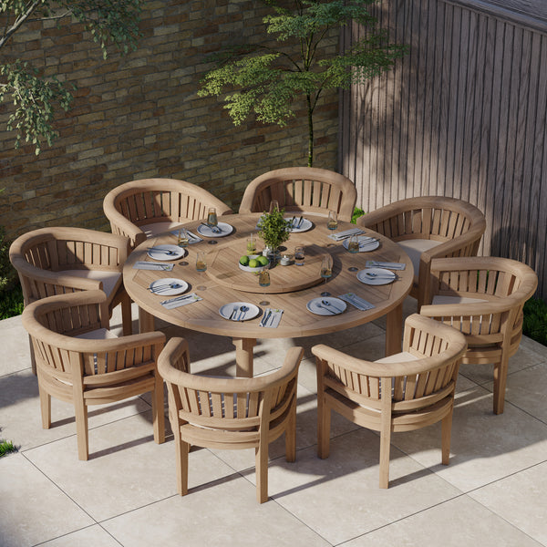 Teak Set 180cm Maximus Round Table 4cm Top (8 San Francisco Chairs) Cushions included.