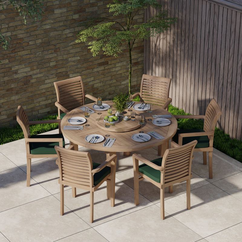 Teak Set 150cm Maximus Round Table, 4cm Top (6 Oxford Stacking Chairs) Cushions included.