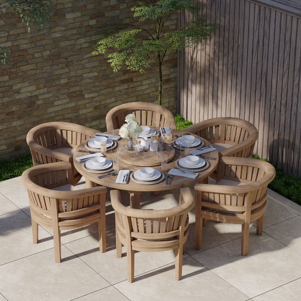 Teak Garden Furniture Set 150cm Maximus Round Table Table, 4cm Top (6 San Francisco Chairs) Cushions included.