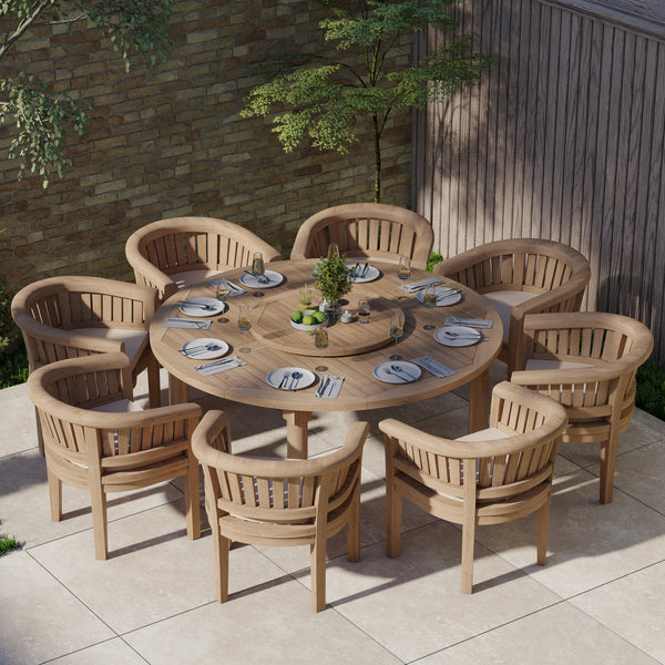 Clearance Teak Garden Furniture Set 180cm Maximus Round Table 4cm Top (8 San Francisco Chairs) Cushions included.