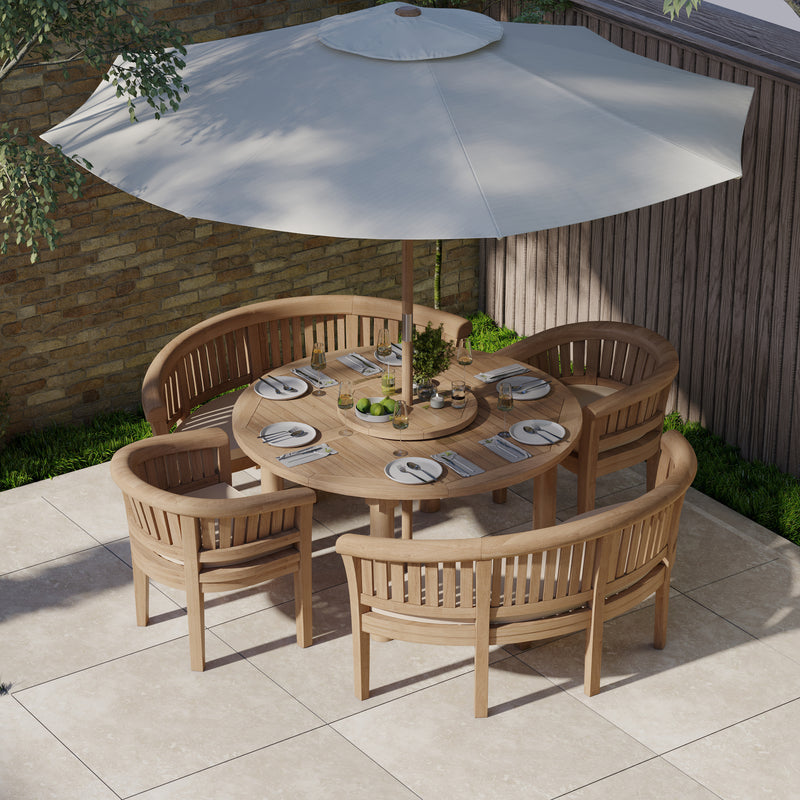 Teak Garden Furniture Set 150cm Maximus Round Table 4cm Top (2 San Francisco Benches, 2 San Francisco Chairs) Cushions included.