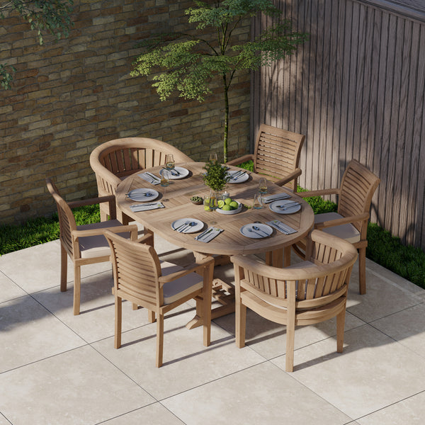 Teak Round to Oval 120cm-170cm Extending Table with 4 Oxford Stacking Chairs & 2 San Francisco Chairs