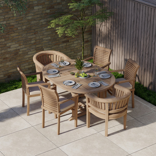 Teak Garden Furniture Round To Oval 120-170cm Extending Table 4cm Top (4 Stacking Chairs 2 San Francisco Chairs) Cushions included.