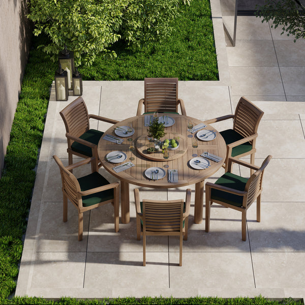 Teak Set 150cm Maximus Round Table, 4cm Top (6 Oxford Stacking Chairs) Cushions included.