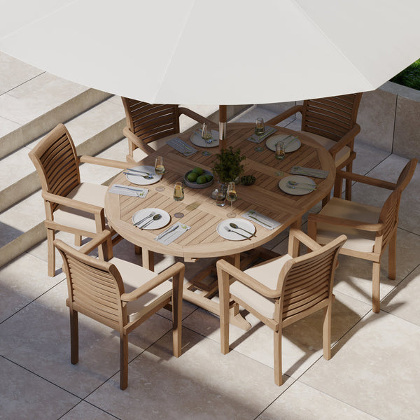 CLEARANCE Teak Garden Furniture Round To Oval 120-170cm Extending Table, 4cm Top (6 Stacking Chairs) cushions included.
