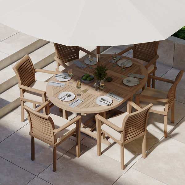 Teak Round to Oval 120-170cm Extending Table, 4cm Top (6 Oxford Stacking Chairs) cushions included.