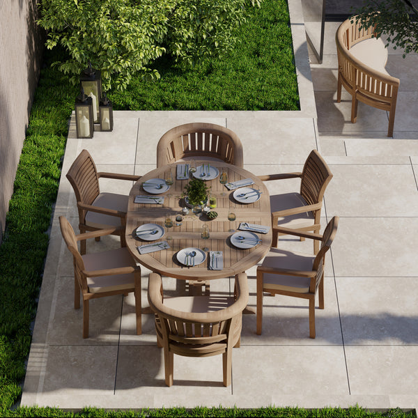 Teak Round to Oval 120cm-170cm Extending Table with 4 Oxford Stacking Chairs & 2 San Francisco Chairs