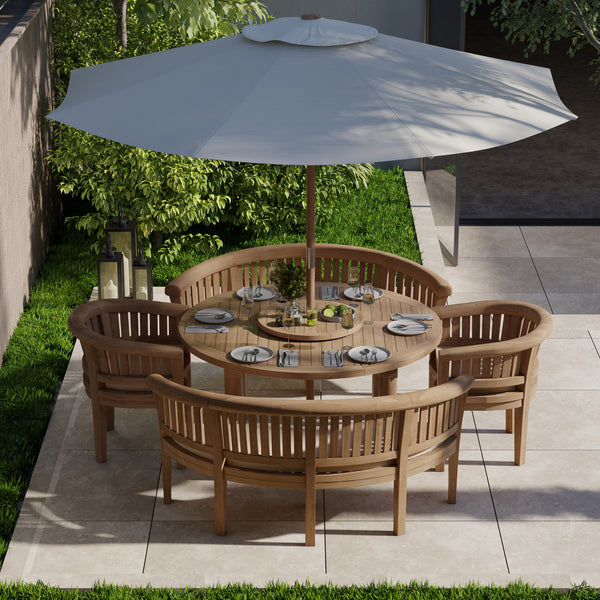 Teak Set 150cm Maximus Round Table 4cm Top (2 San Francisco Benches, 2 San Francisco Chairs) Cushions included.