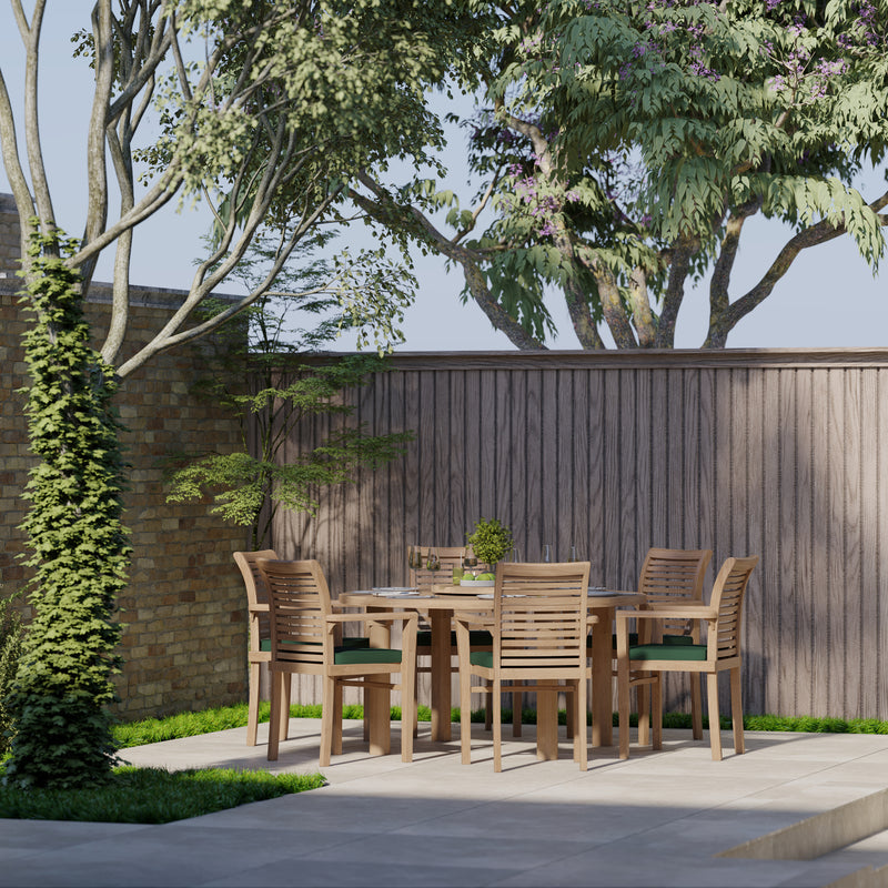 Teak Set 150cm Maximus Round Table, 4cm Top (6 Oxford Stacking Chairs) Cushions included.