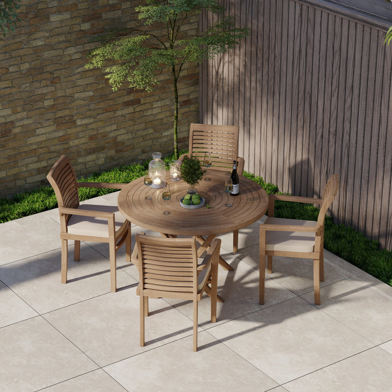 Teak Set 120cm Spiral Round Folding Table with 4 Oxford Stacking Chairs