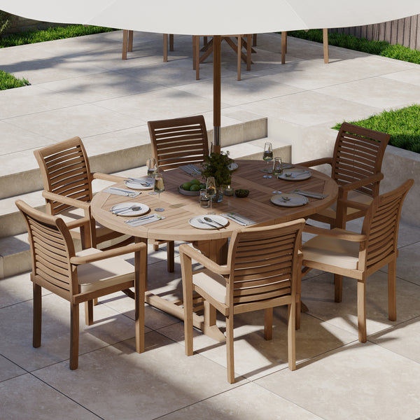 Teak Round to Oval 120-170cm Extending Table, 4cm Top (6 Oxford Stacking Chairs) cushions included.