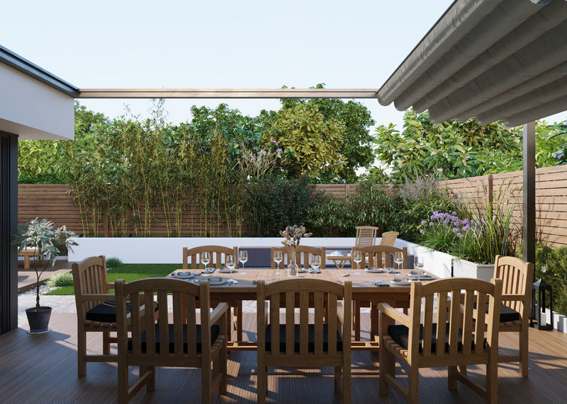 Teak Garden Furniture 180-240cm Rectangle Extending Table 4cm Top (with 8 Warwick Chairs) Cushions included.