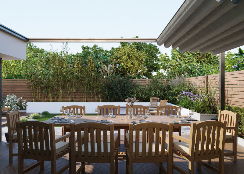 Teak 2m-3m Rectangle Extending Table with 10 Warwick Chairs