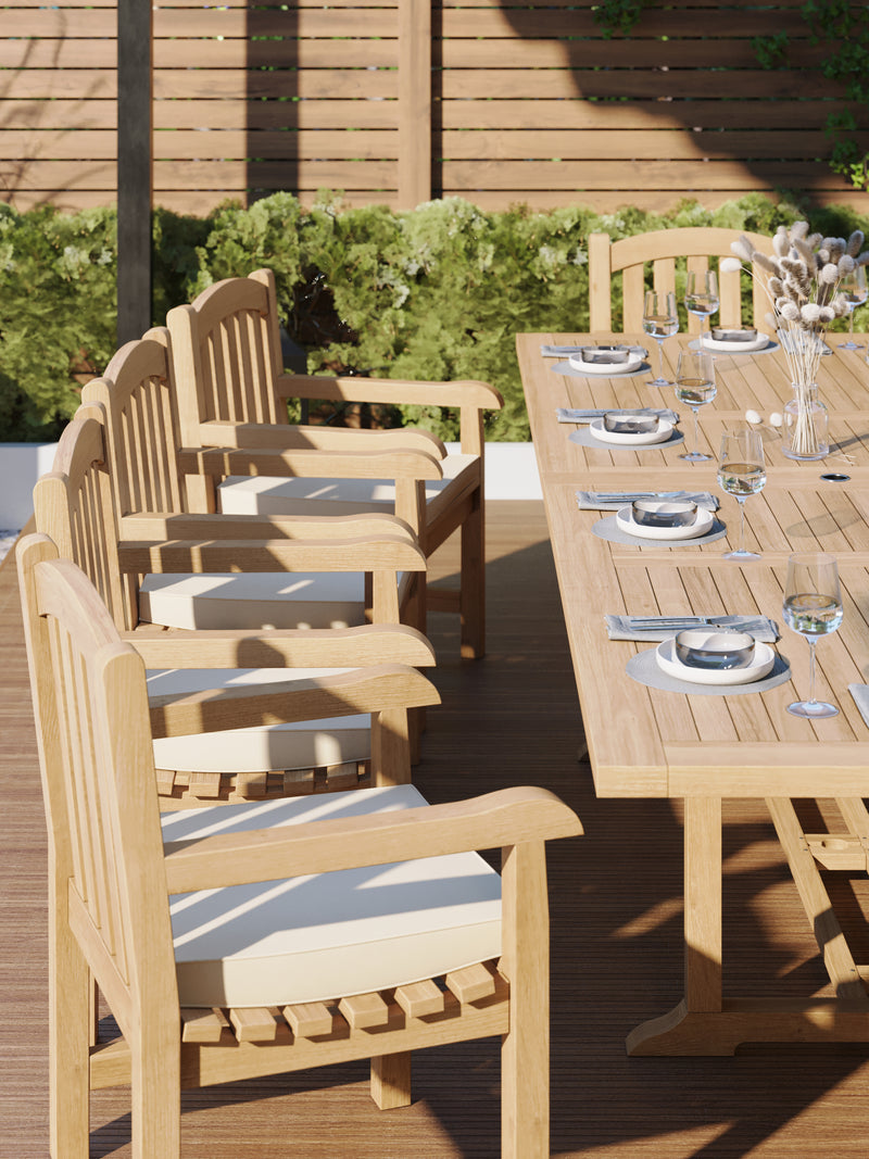 Teak Garden Furniture 2-3m Rectangle Extending Table 4cm Top (10 Warwick Chairs) Cushions included.