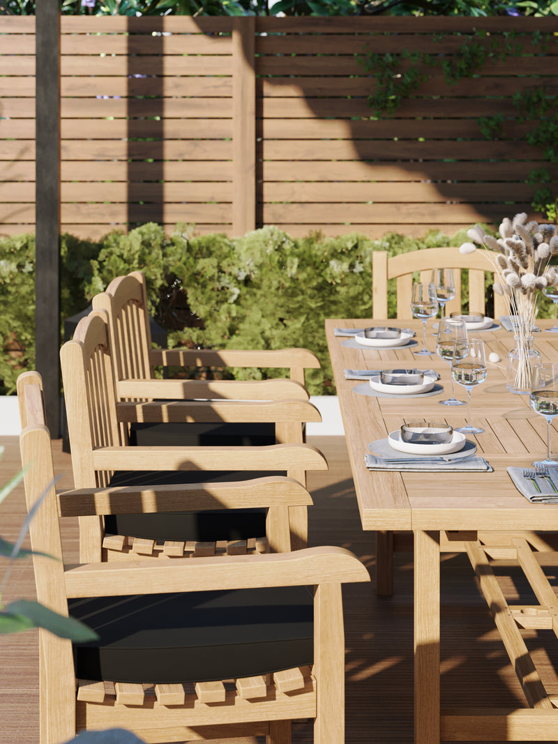 Teak Garden Furniture 180-240cm Rectangle Extending Table 4cm Top (with 8 Warwick Chairs) Cushions included.