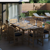 Teak Garden Furniture 180-240cm Rectangle Extending Table 4cm Top (with 8 Warwick Chairs) Cushions included.