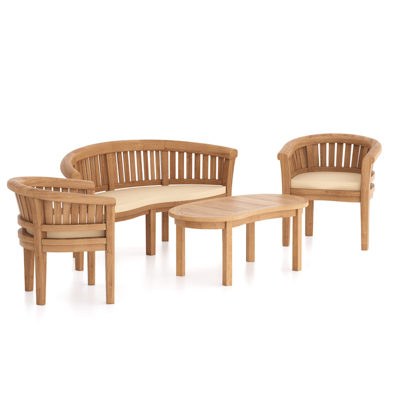 Teak San Francisco Bench Set (1 x Bench, 2 x Chair, 1 x Coffee Table) Free Cushions.