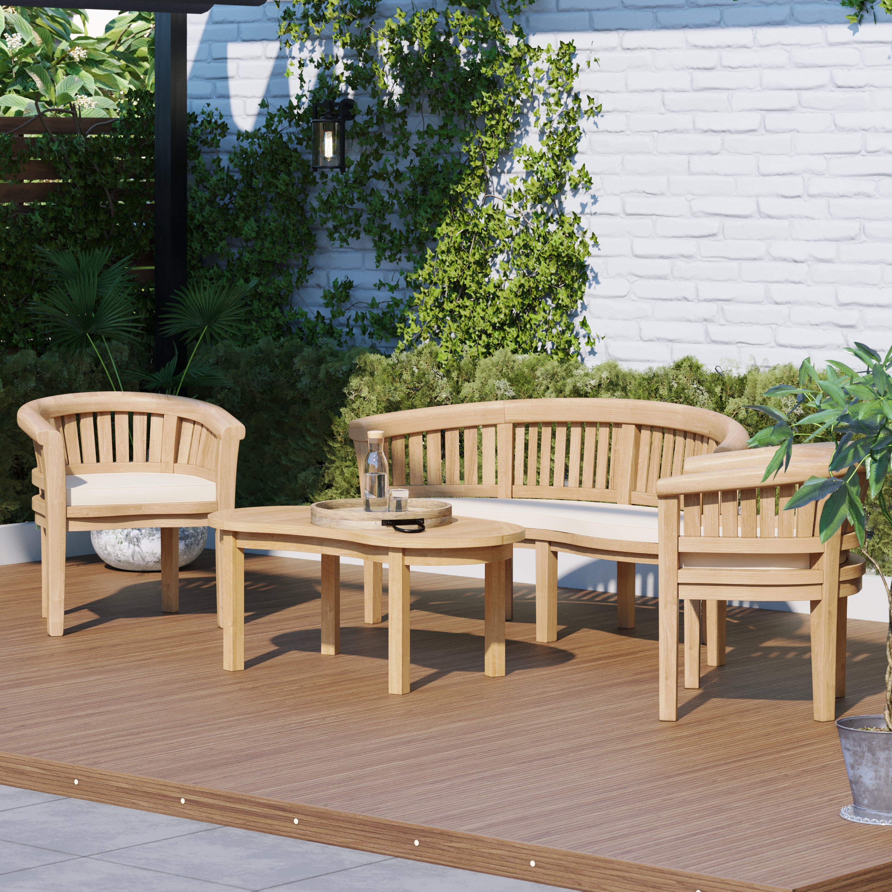San Francisco Teak Garden Bench Set – 1 Bench, 2 Chairs & Coffee Table