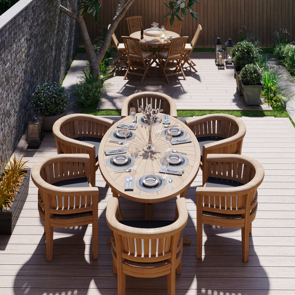 Teak Garden Furniture Set 2m Sunshine table 4cm Top (with 6 San Francisco Chairs) Cushions included.