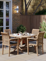 7-Day Delivery - Teak Garden Furniture Set 120cm Sunshine Round Folding Table, 4cm Top (4 x Stacking Chairs) Cushions included.