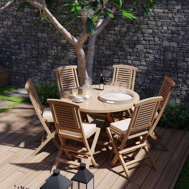 Teak 120cm Round Sunshine Folding Table 4cm Top (6 Folding Chairs) Cushions included.