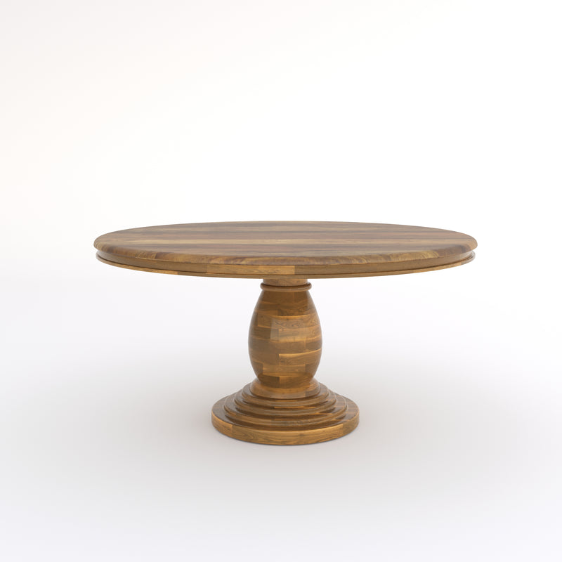 150cm Round Solid Wood Table with Ornate Base and 6 Curved Ash Chairs