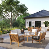 Portofino Family Set with 2 Portofino Benches, 2 Portofino Chairs & 1 Portofino Coffee Table – Teak Garden Furniture Set, Free Cushions