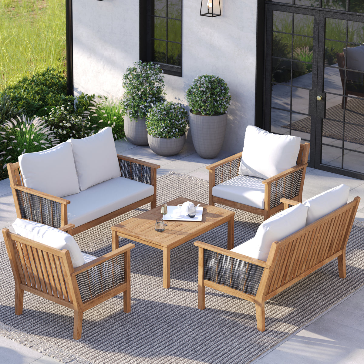 Portofino Family Set with 2 Portofino Benches, 2 Portofino Chairs & 1 Portofino Coffee Table – Teak Garden Furniture Set, Free Cushions