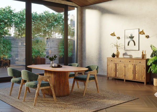 210cm Oval Solid Wood Table with Fluted Base and 4 Marquess Green Velour Chairs.