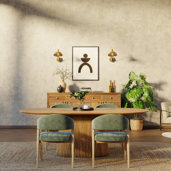 210cm Oval Solid Wood Table with Fluted Base and 4 Marquess Green Velour Chairs.