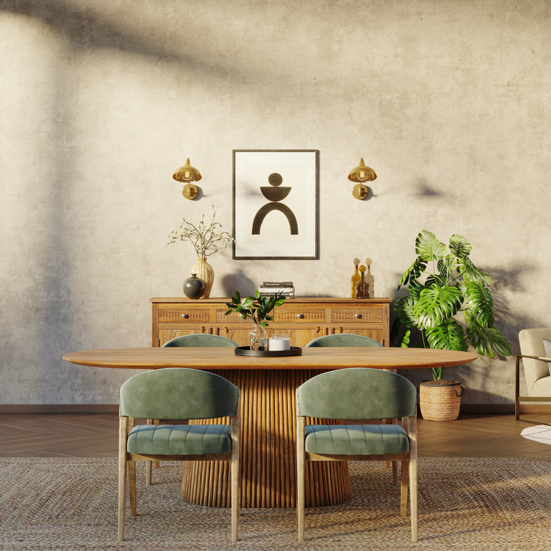 210cm Oval Solid Wood Table with Fluted Base and 4 Marquess Green Velour Chairs.