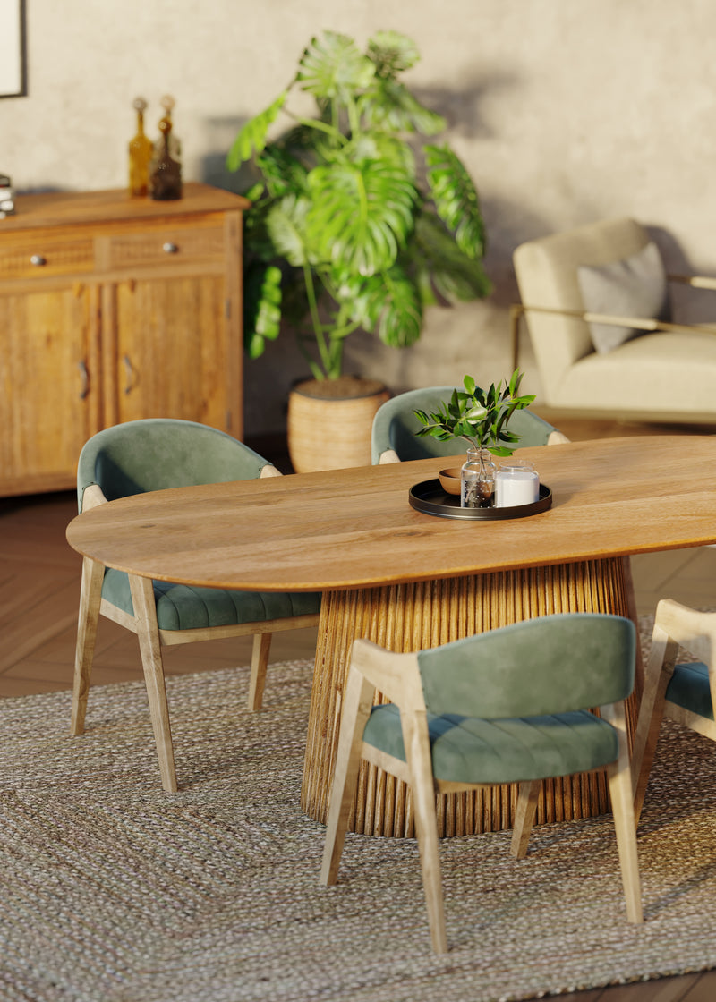 210cm Oval Solid Wood Table with Fluted Base and 4 Marquess Green Velour Chairs.