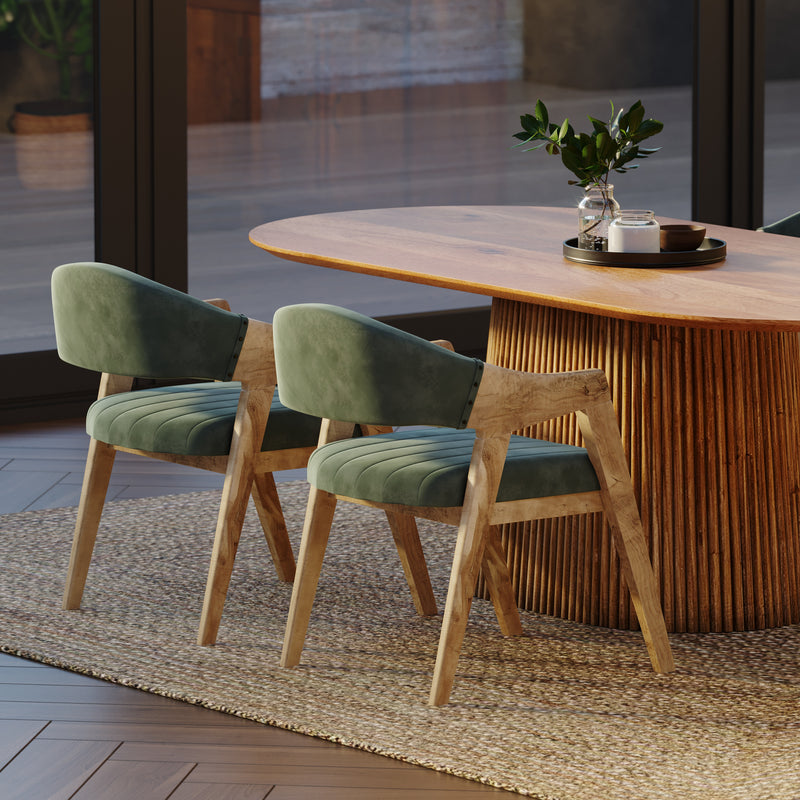 210cm Oval Solid Wood Table with Fluted Base and 4 Marquess Green Velour Chairs.