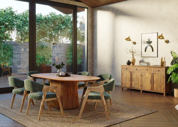 210cm Oval Solid Wood Table with Fluted Base and 6 Marquess Green Velour Chairs.