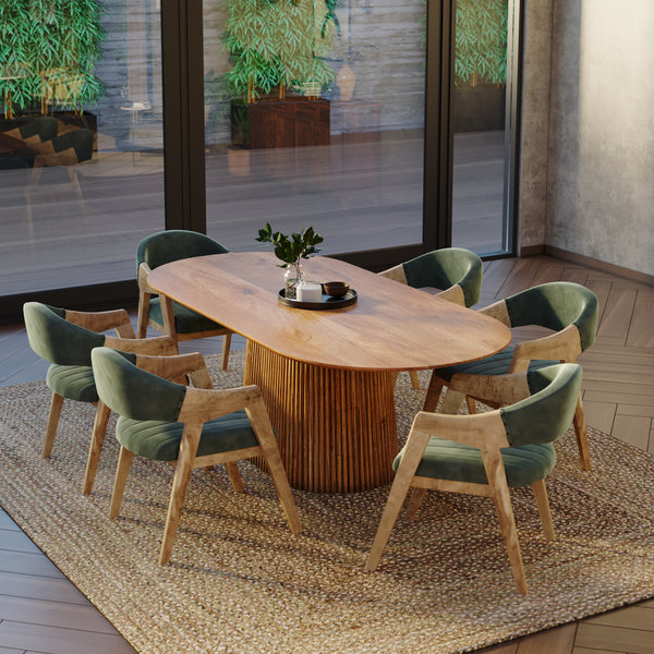 210cm Oval Solid Wood Table with Fluted Base and 6 Marquess Green Velour Chairs.