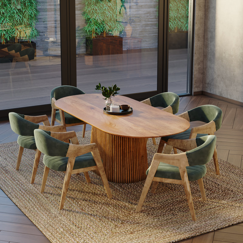 210cm Oval Solid Wood Table with Fluted Base and 6 Marquess Green Velour Chairs.