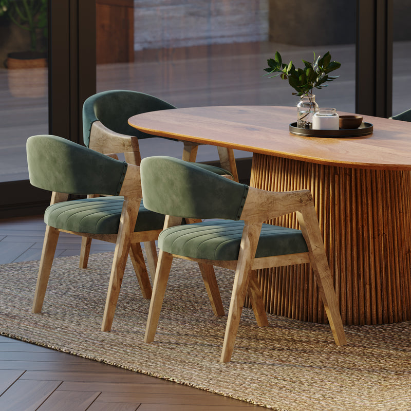 210cm Oval Solid Wood Table with Fluted Base and 6 Marquess Green Velour Chairs.