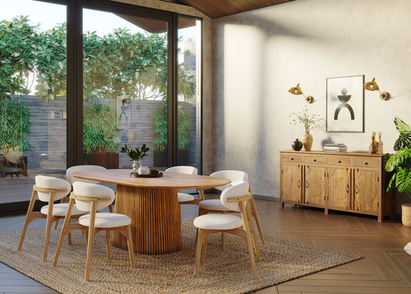 210cm Oval Solid Wood Table with Fluted Base and 6 Okra Cream Cotton Chairs.