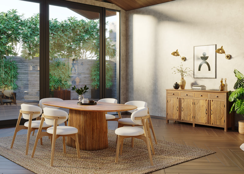 210cm Oval Solid Wood Table with Fluted Base and 6 Okra Cream Cotton Chairs.