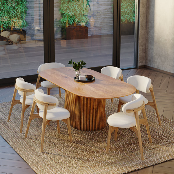 210cm Oval Solid Wood Table with Fluted Base and 6 Okra Cream Cotton Chairs.