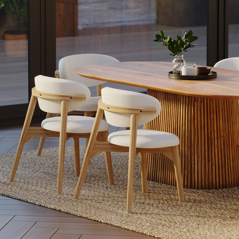210cm Oval Solid Wood Table with Fluted Base and 6 Okra Cream Cotton Chairs.