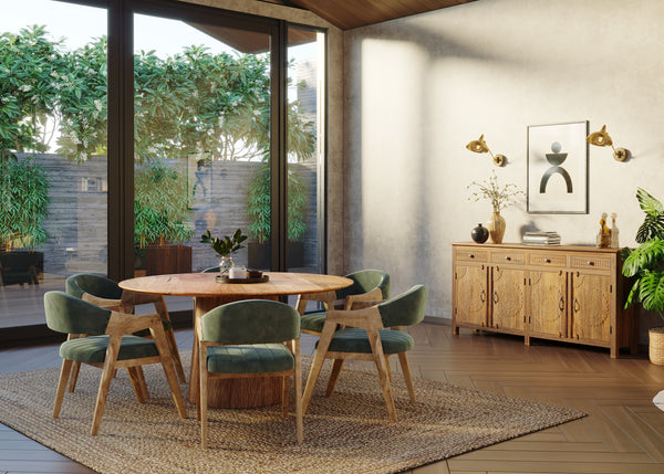 150cm Round Solid Wood Table with Fluted Base and 6 Marquess Green Velour Chairs.