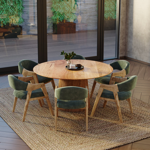 150cm Round Solid Wood Table with Fluted Base and 6 Marquess Green Velour Chairs.