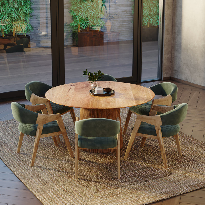 150cm Round Solid Wood Table with Fluted Base and 6 Marquess Green Velour Chairs.