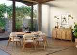 150cm Round Solid Wood Table with Fluted Base and 6 Okra Cream Cotton Chairs.