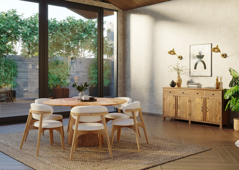 150cm Round Solid Wood Table with Fluted Base and 6 Okra Cream Cotton Chairs.