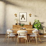 150cm Round Solid Wood Table with Fluted Base and 6 Okra Cream Cotton Chairs.