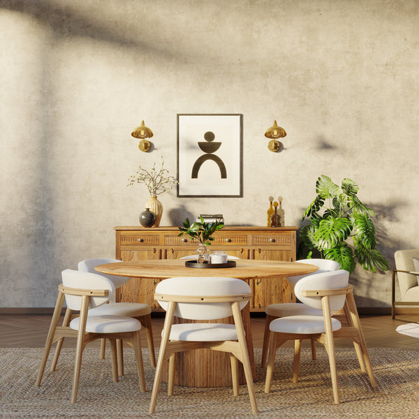 150cm Round Solid Wood Table with Fluted Base and 6 Okra Cream Cotton Chairs.